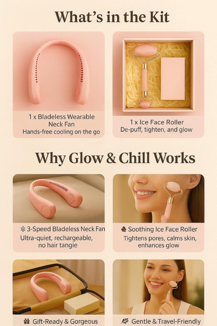 Neck Cooling Fan & Ice Face Roller | 2-in-1 Wellness & Beauty Kit for Daily Use, Travel, Sports & Skincare Refresh | Gift Set for Women, Men & Teens (Pink) - Image 5