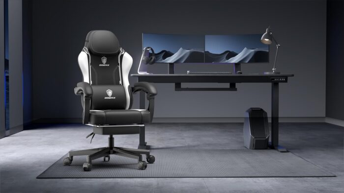 Dowinx Gaming Chair with Pocket Spring Cushion for Adults, Ergonomic Computer Chair with Footrest and Massage Lumbar Support, High Back Leather Game Chair for Office, Gaming, 300LBS, White - Image 2
