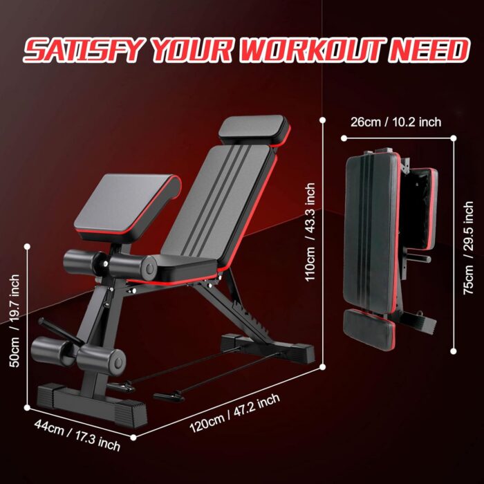 Adjustable Weight Bench, Foldable Exercise Workout Bench, Extended head & neck protection, Decline/Incline/Bench Press, Utility Bench for Home Gym Full Body Fitness with Elastic Ropes - Image 6