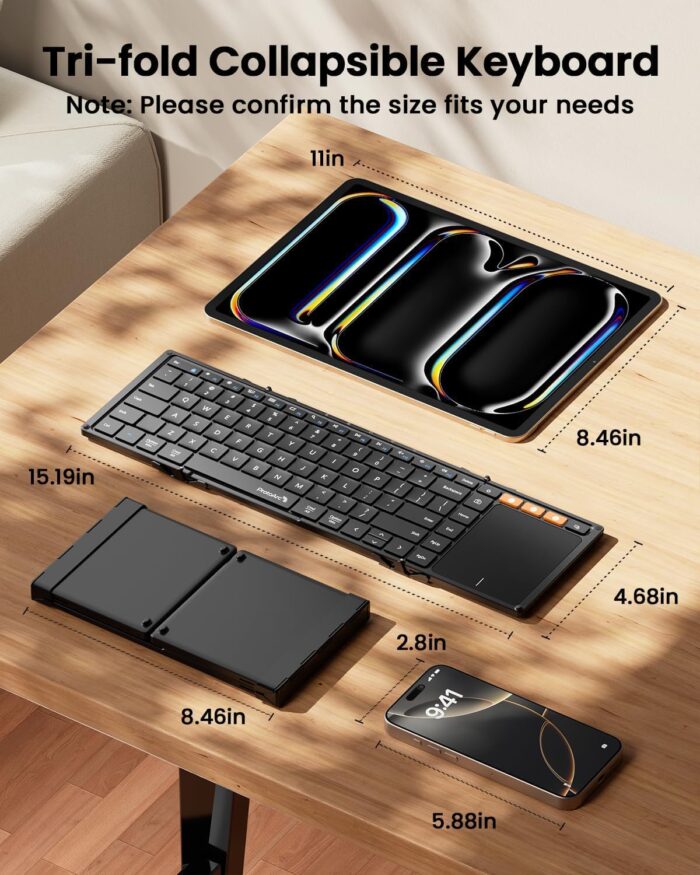 ProtoArc Foldable Keyboard with Touchpad, XK01 TP Folding Portable Keyboard, Full Size Keys, Large Trackpad Bluetooth Travel Keyboards for iPad Laptop PC Tablets -Black - Image 3