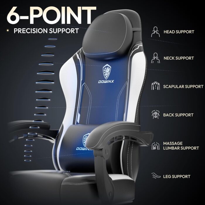 Dowinx Gaming Chair with Pocket Spring Cushion for Adults, Ergonomic Computer Chair with Footrest and Massage Lumbar Support, High Back Leather Game Chair for Office, Gaming, 300LBS, White - Image 6