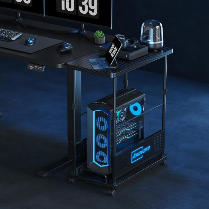 Anovara Computer Cart Height Adjustable Computer Tower PC Stand Table with RGB Lighting CPU Holder Table with Carbon Fiber Desktop and Lockable Rolling Wheels - Image 2