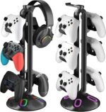 RGB Headphone Controller Stand with HUB, 9 Light Modes Gaming Headset Holder for Desk, Controller Headphone Holder with USB*2+Type-C+3.5mm - Charging & Data for Gaming Setup Gamer Accessories(Black)