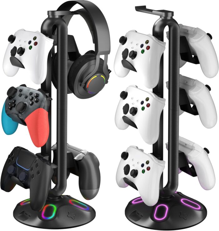 RGB Headphone Controller Stand with HUB, 9 Light Modes Gaming Headset Holder for Desk, Controller Headphone Holder with USB*2+Type-C+3.5mm – Charging & Data for Gaming Setup Gamer Accessories(Black)