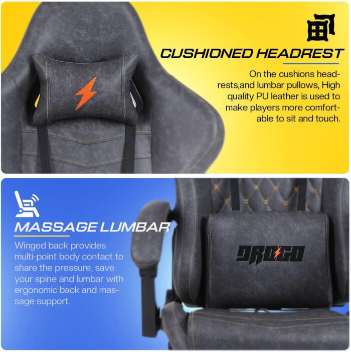BAYBEE Drogo Multi-Purpose Ergonomic Gaming Chair with 7 Way Adjustable Seat, Head & USB Massager, PU Leather Lumbar Pillow Home & Office Chair with Full Reclining Back Footrest (Grey) - Image 5