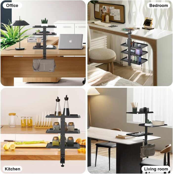 TERRIFI Desktop or Under Desk 3-Tier Shelving Unit, Clamp-On Shelf Organizer with Adjustable Metal Storage Tray and Headphone Stand, No Drilling Anti-Slip Desk Storage Shelf - Image 7
