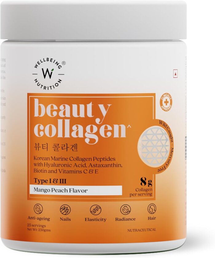 WELLBEING NUTRITION Beauty Korean Marine Collagen Peptides with Hyaluronic Acid, Rosehip, Astaxanthin, Biotin & Vitamins C & E for Hair, Nails, Skin Radiance & Anti-Aging | Mango Peach Flavor - 250g - Image 4