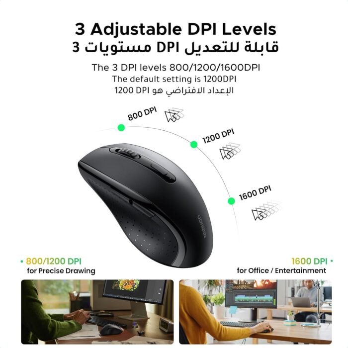 UGREEN Wireless Mouse Ergonomic, 2.4GHz Cordless Computer Mouse with 3-Level DPI (800/1200/1600), USB Silent Mice 6 Buttons for PC, Laptop, MacBook Pro/Air, Chromebook, Notebook, Full Size Black - Image 5