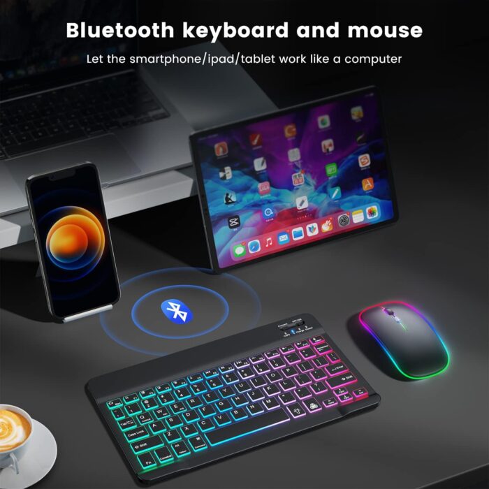 Ultra-slim Bluetooth Keyboard and Mouse Combo for iPad, Rechargeable Wireless Keyboard & Mouse with 7-Color Backlit, Compatible with iPad 9th/8th Gen, iPad Pro/Air/Mini, iPhone14/13/12 Pro (Black) - Image 2