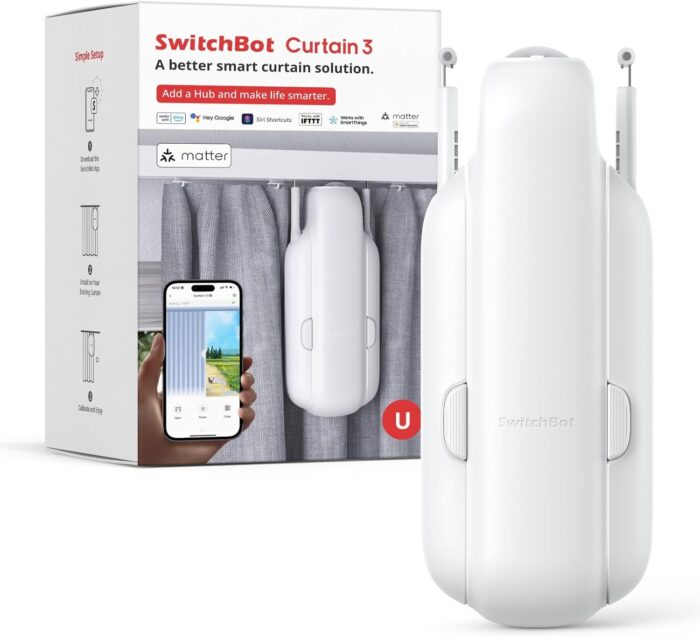 SwitchBot Smart Curtain Opener – Bluetooth Remote Control with App/Timer, Performance Upgrade, Add SwitchBot Hub to Make It Work with Alexa, Google Home, HomeKit(Curtain 3, U Rail)