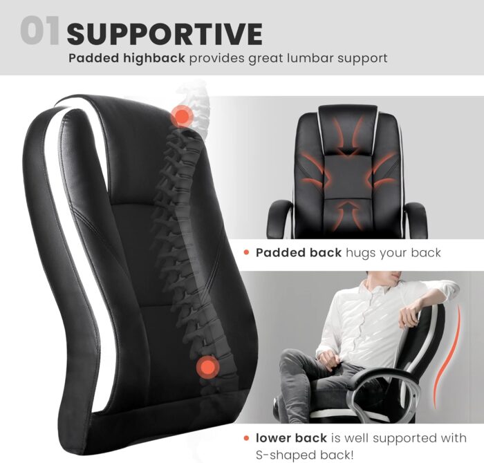 NEO CHAIR Office Desk Ergonomic Gaming Chair High Back Adjustable Computer Chair with Wheels and Lumbar Support Comfy Leather Executive Swivel (Black) - Image 4