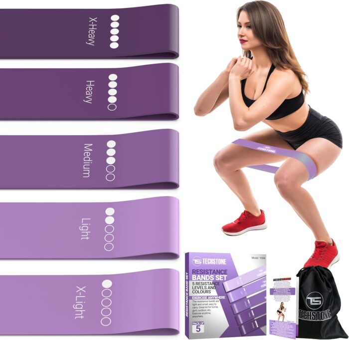 TechStone Resistance Bands Set for Men and Women, Pack of 5 Different Resistance Levels Elastic Band for Home Gym Long Exercise Workout – Great Fitness Equipment for Training
