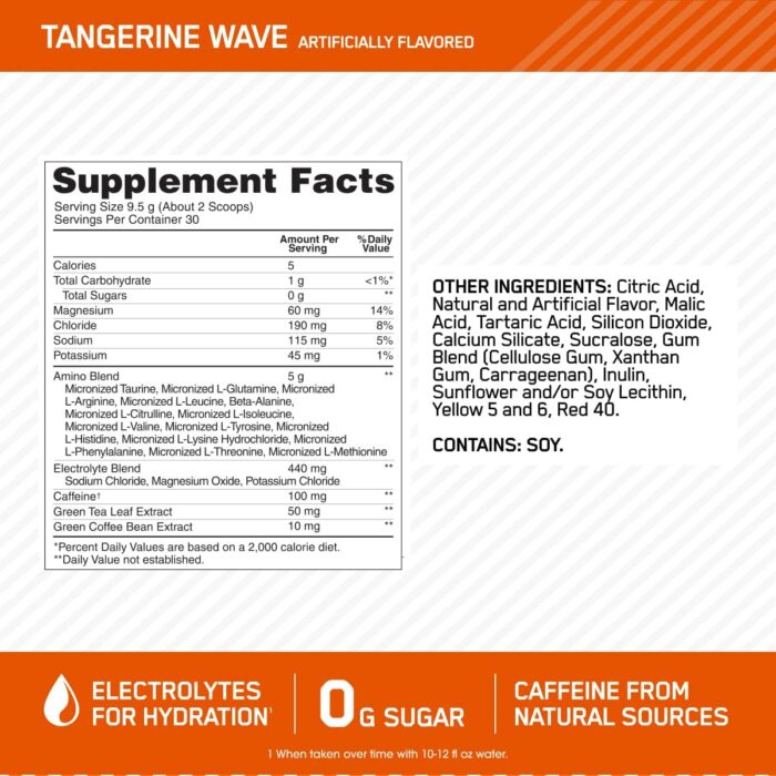 Optimum Nutrition (ON) Amino Energy Plus Electrolytes Powder - Pre Workout, Bcaas, Amino Acids, Keto Friendly, Anytime Energy Powder - Tangerine Wave, 285 G, 30 Servings - Image 2
