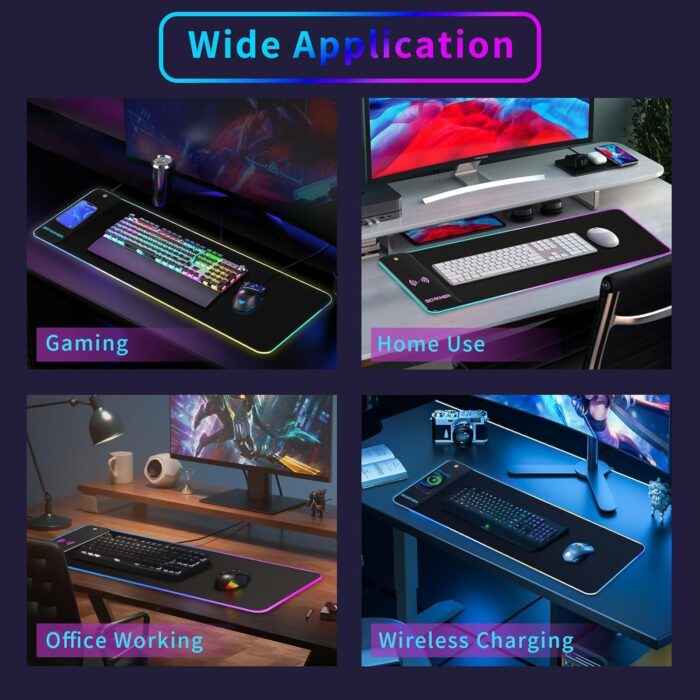 HYRAINBOW Gaming Mouse Pad with Wireless Charging, Large Mouse Pad with LED Light, Keyboard Pad with Non-Slip Rubber Base,Waterproof Desk Pad for Home Office Décor - Image 7