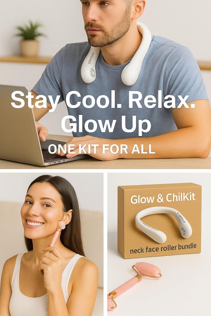 Neck Cooling Fan & Ice Face Roller | 2-in-1 Wellness & Beauty Kit for Daily Use, Travel, Sports & Skincare Refresh | Gift Set for Women, Men & Teens (Pink) - Image 6
