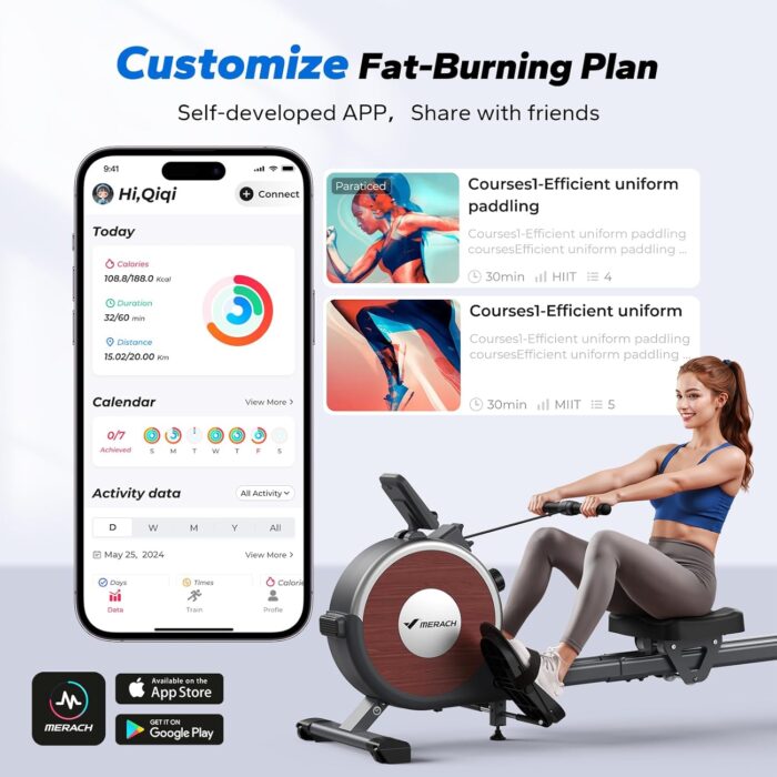 Merach Rowing Machines for Home Use,Quiet Magnetic Rower Machine 16 Levels of Resistance,Dual Slide Rail with Max 160kg Weight Capacity, App Compatible with LCD Monitor - Image 8