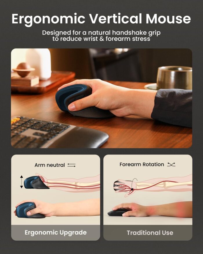 ProtoArc Ergonomic Mouse, EM11 NL Wireless Vertical Mouse, Ergo Multi-Device Mouse, USB-C Rechargeable Mouse for Windows, Mac OS, PC/Notebook/Laptop, Blue - Image 5