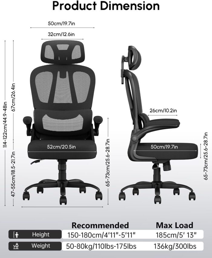 Submi Office Chair Ergonomic Office Chair with Flip-up Armrest & Headreat, Mesh Computer Chairs for Adult and Teens, Height Adjustable Home PC Work Chair with Lumbar Support, 350lbs, Black - Image 2