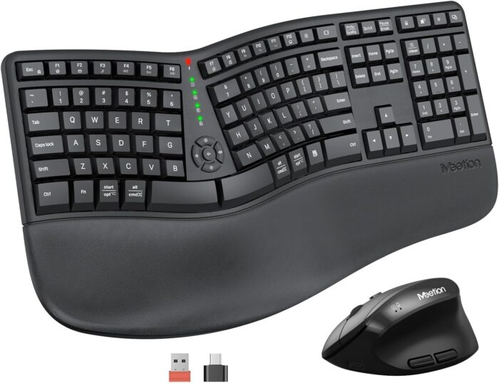 MEETION Ergonomic Wireless Keyboard and Mouse, Ergo Keyboard with Vertical Mouse, Split Arch Keyboard with Cushioned Wrist Palm Rest, Natural Typing Rechargeable Full Size, Windows/Mac/Computer/Laptop