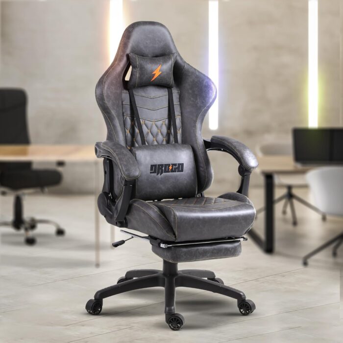 BAYBEE Drogo Multi-Purpose Ergonomic Gaming Chair with 7 Way Adjustable Seat, Head & USB Massager, PU Leather Lumbar Pillow Home & Office Chair with Full Reclining Back Footrest (Grey)
