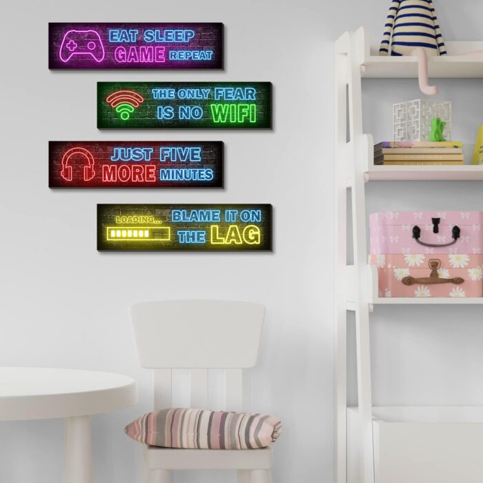 Simimi art 4 Pcs Printed Neon Gaming Posters, Teen Boys Room Decorations, gamer wall Decor for bedroom Wooden - Image 5