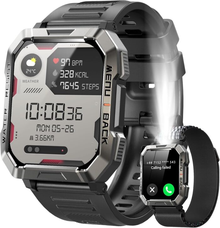 IOWODO Military Smart Watch for Men (Answer/Make Calls), 2.01” Smart Watch for Android and iPhone, Fitness Tracker with Flashlight/Compass/100 Days Battery/Heart Rate/Sleep/100+ Sport Modes(2 Straps)