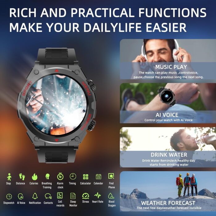 Jdcrsj Military Smart Watch, 1.52-Inch Smartwatch with Text and Call, Heart Rate, Blood Oxygen, and Activity Trackers - Compatible with iPhone and Android, for Men and Women (Classic, Black) - Image 3