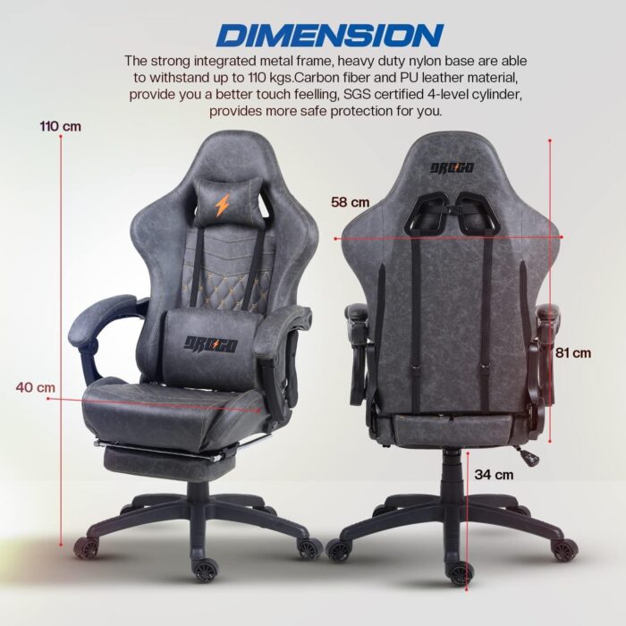 BAYBEE Drogo Multi-Purpose Ergonomic Gaming Chair with 7 Way Adjustable Seat, Head & USB Massager, PU Leather Lumbar Pillow Home & Office Chair with Full Reclining Back Footrest (Grey) - Image 2