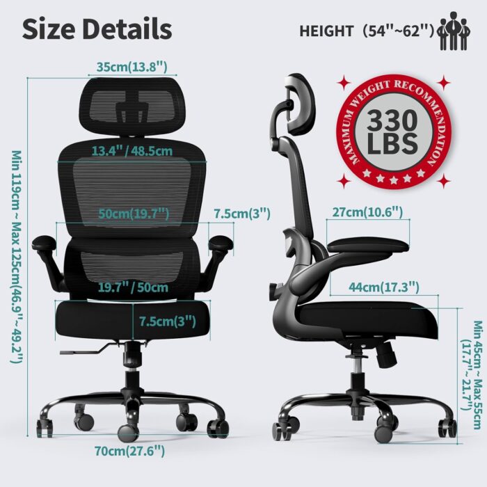 Ergonomic Office Chair with Lumbar Support - Adjustable Computer Desk Chairs for Home Office, Gaming, and Work - Comfortable and Supportive Desk Chairs for Adults (Black) (Light Black) - Image 2
