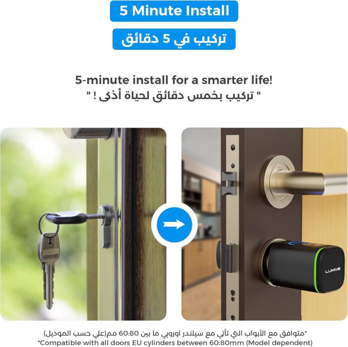 Lumive Smart Door Lock I Fingerprint Door Lock I Bluetooth App Unlock I 2 Keys 5 RFID Cards I Fixed Cylinder I Black [Battery Included] (Fingerprint + Keypad, Black, adjustable 60-90mm) - Image 5