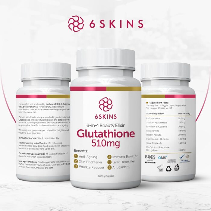 6SKINS® 6in1 Beauty Elixir with L-Glutathione 510mg, NAC 102mg & Hyaluronic Acid 150mg Glutathione Supplement with 4x Absorption - Immune & Liver Support, Powerful Antioxidant for Skin - 60 Capsules - Image 3