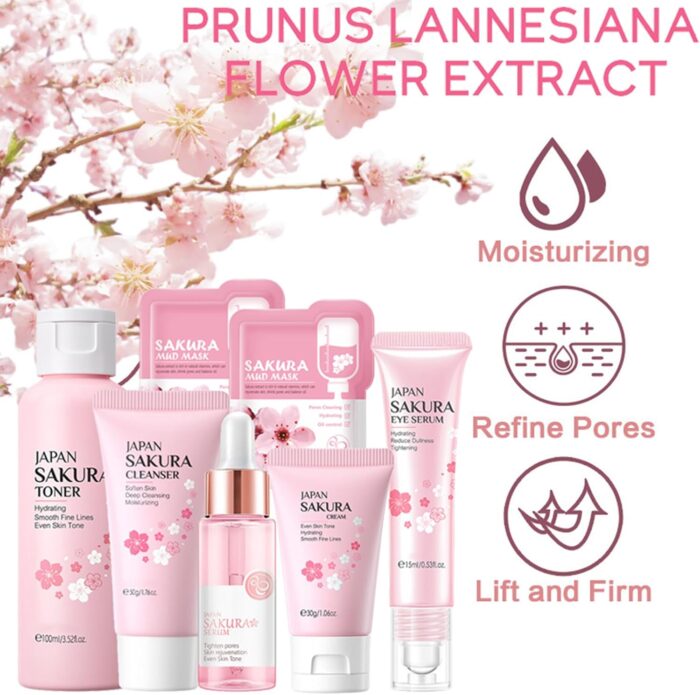 Skin Care Set Sakura Women Beauty Gift Sets Korean Skin Care Kit- Cleanser,Serum,Face Cream,Toner,Eye Cream,Mud Mask-Skin Care Routine Kit (One Size, Cherry Blossom-StyleA-Bae Moisturizing) - Image 3