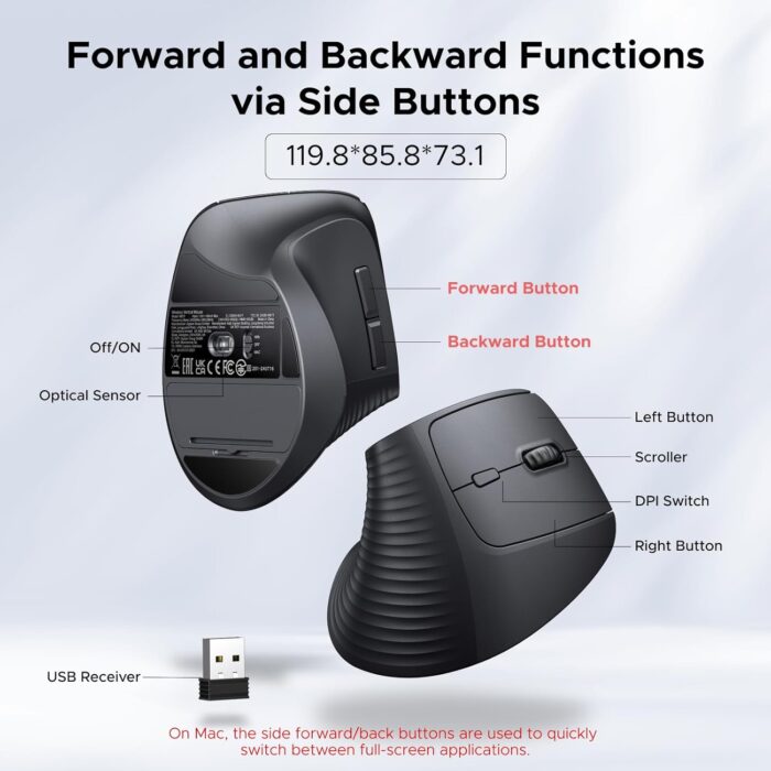 UGREEN Ergonomic Vertical Mouse, 2.4GHz Optical Wireless Mouse, 3 Adjustable DPI 800/1200/1600 Levels 6 Buttons Mouse Wireless, for Laptop, PC, Computer, Desktop, Notebook etc, Black Mice - Image 5