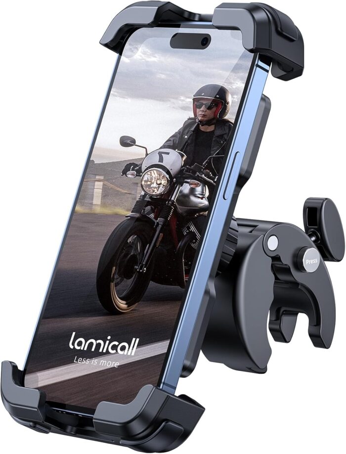 Lamicall Motorcycle Phone Mount, Bike Phone Holder – Upgrade Quick Install Handlebar Clip for Bicycle Scooter, Cell Phone Clamp for iPhone 15 14 13 12 11 Pro Max Mini, Galaxy and More 4.7-6.8″ Phone