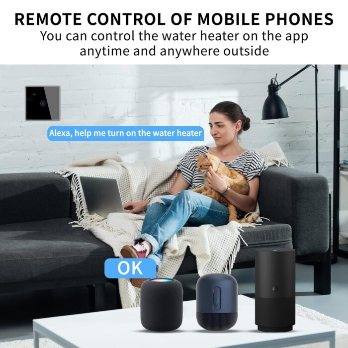 Yuhestdy 20A Smart WiFi/Bluetooth Water Heater Switch, Smart Boiler Touch Switch, Voice Control, APP Remote Control, Compatible with Alexa and Google Home, Neutral Wire Required (Black, 20Amps) - Image 5