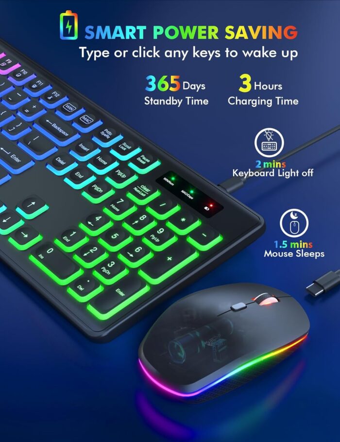 Trueque Wireless Keyboard and Mouse Combo - RGB Backlit, Rechargeable & Light Up Letters, Full-Size, Ergonomic Tilt Angle, Sleep Mode, 2.4GHz Quiet Keyboard Mouse for Mac, Windows, Laptop, PC, - Image 3