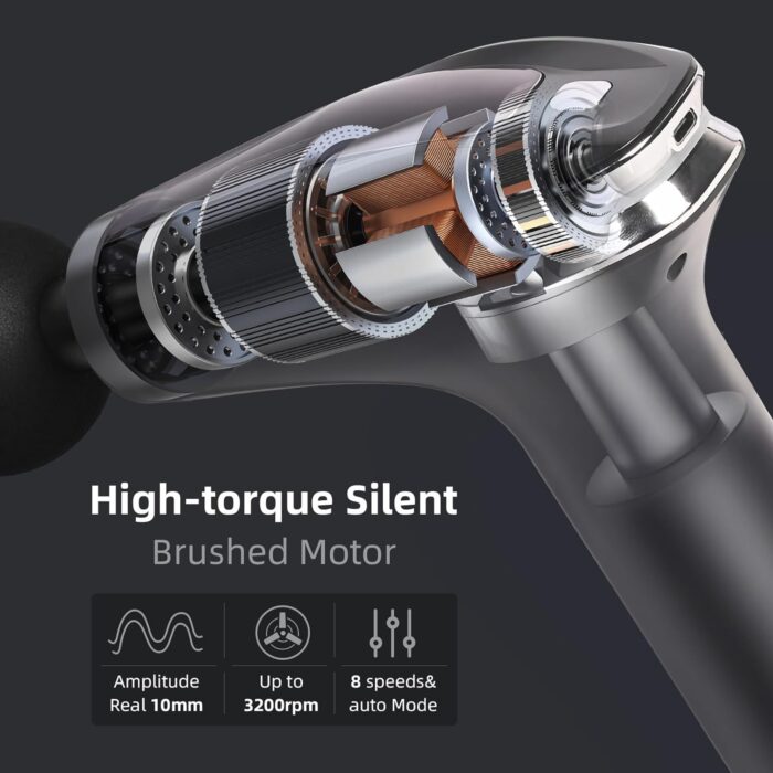 Blueidea Pro Massage Gun – Deep Tissue Muscle Massager for Pain Relief, Silent Brushless Motor, LCD Display, 2 Modes, 8 Speeds, Rechargeable, with Extended Handle - Black - Image 3