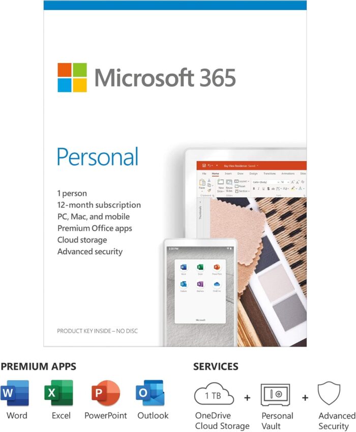 Microsoft 365 Personal | Office 365 apps | 1 user | 1 year subscription | PC/Mac, Tablet and phone | multilingual | box