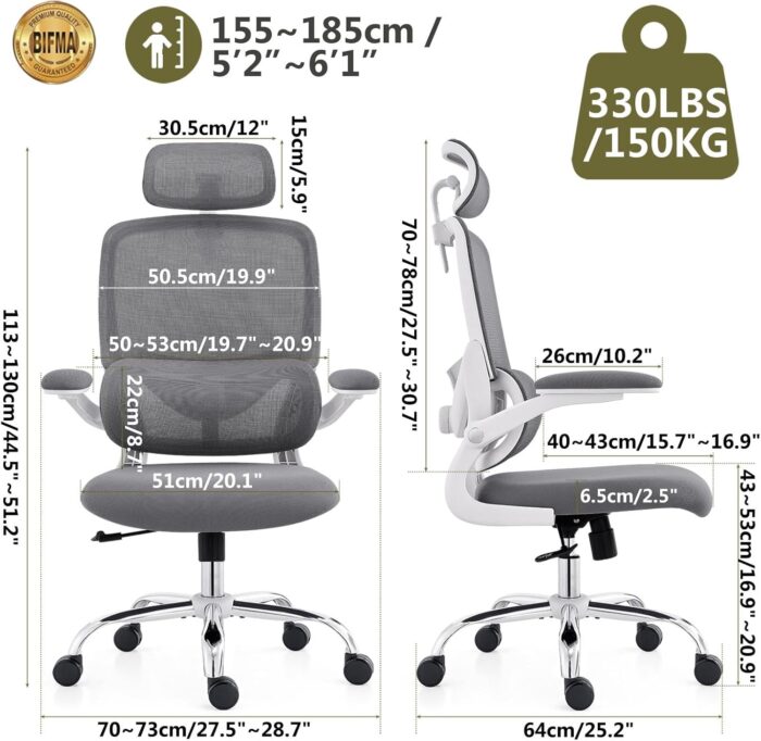 TONFARY Ergonomic Home Office Chair, High Back Mesh Desk Chair with Adjustable Lumbar Support, Flip-up Armrest, Removable Headrest, Swivel Computer Gaming Chair, Space Saving, 330LBS (White+Grey) - Image 2