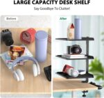 TERRIFI Desktop or Under Desk 3-Tier Shelving Unit, Clamp-On Shelf Organizer with Adjustable Metal Storage Tray and Headphone Stand, No Drilling Anti-Slip Desk Storage Shelf - Image 3