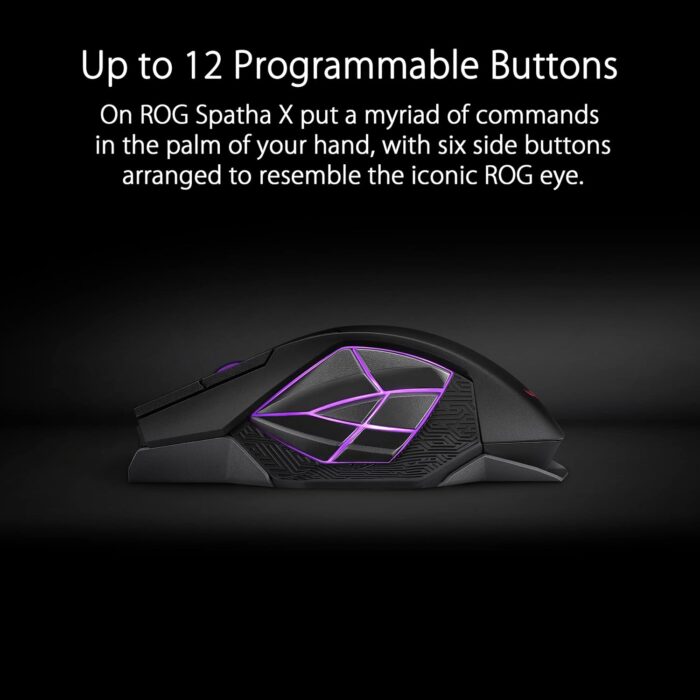 ASUS ROG Spatha X Wireless Gaming Mouse, 2.4 GHz / Wired USB, 19,000 DPI Optical Sensor, 12 Programmable Buttons, RGB, Swappable Switch Design, Micro Switches, Magnetic Charging Stand, Black - Image 3