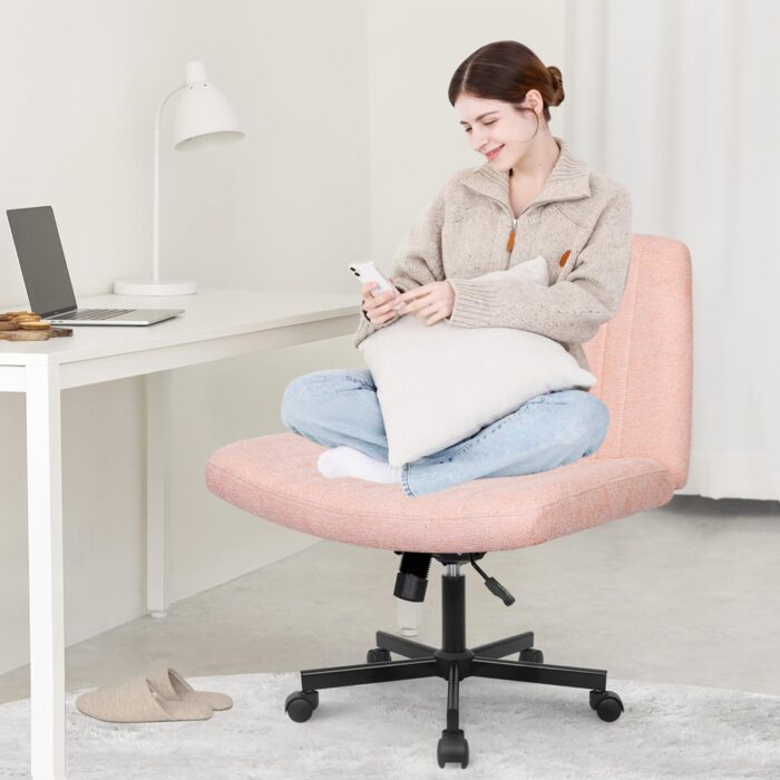 Orange Factory Criss Cross Legged Armless Desk Reading Chair with Wheels Swivel Modern Ergonomic Vanity Bedroom Adjustable Wide Comfy Computer Gaming Chairs for Home Office (Pink) - Image 3