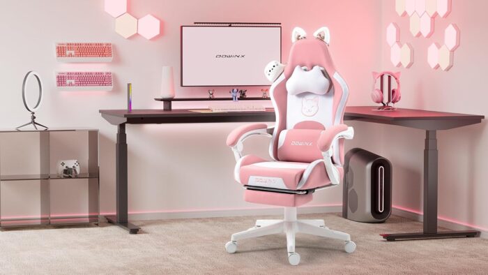 Dowinx Cute Gaming Chair with Cat Ears and Doll, Ergonomic Computer Chair for Girls with Footrest and Massage Lumbar Support, Comfortable Reclining Office Chair, 131.5 kg Load Capacity - Image 7