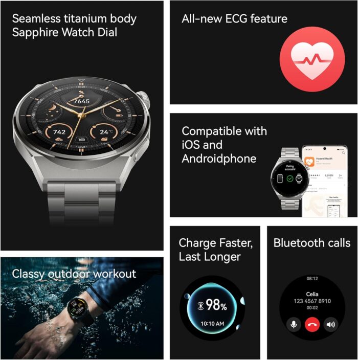 HUAWEI WATCH GT 3 Pro Smartwatch - Fitness Tracker and Health Monitor with Heart Rate, ECG & Blood Oxygen Monitoring - Long Lasting Battery Up to 2 Weeks - Sapphire Watch Dial - Bluetooth - 46" Black - Image 3