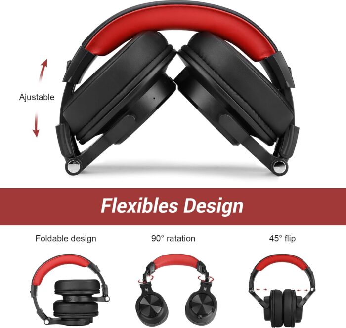 OneOdio A70 Bluetooth Over Ear Headphones, Wireless Headphones w/ 72H Playtime, Hi-Res, 3.5mm/6.35mm Wired Audio Jack for Studio Monitor & Mixing DJ Guitar AMP, Computer Laptop PC Tablet - Red - Image 7