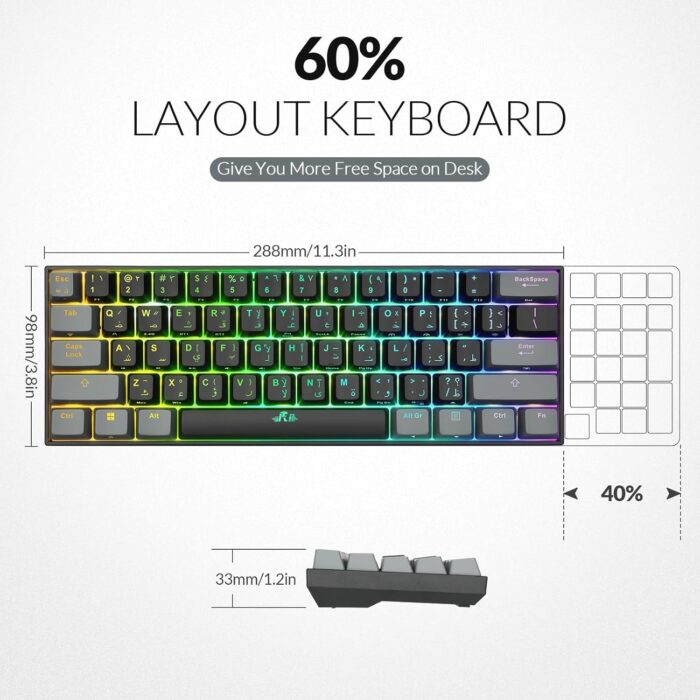 Rii [Arabic layout]RK802 Wireless Gaming keyboard, 3 Modes(Bluetooth/2.4G/Wired), 60% Rechargeable RGB Backlit Gaming Keyboard Red Switch for PC Windows Laptop(Black) - Image 4
