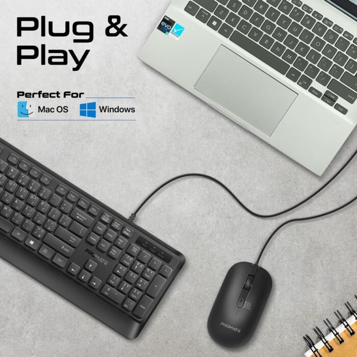 Promate Wired Keyboard and Mouse Combo, Ergonomic Slim Full-Size Quiet Keyboard with 2400 DPI Mouse, Palm Rest, Angled Kickstand and Anti-Slip Silicone Grip for iMac, MacBook Pro, Dell, COMBO-CM5.E/A - Image 7