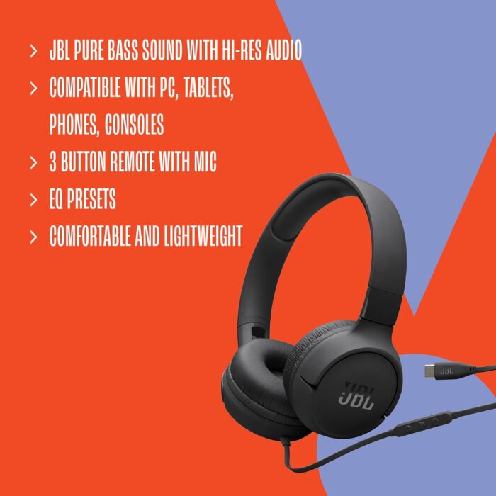 JBL Tune 520C USB-C Wired Headphones – Hi-Res Audio, Pure Bass Sound, 3-Button Remote, Padded On-Ear Design – Purple - Image 3