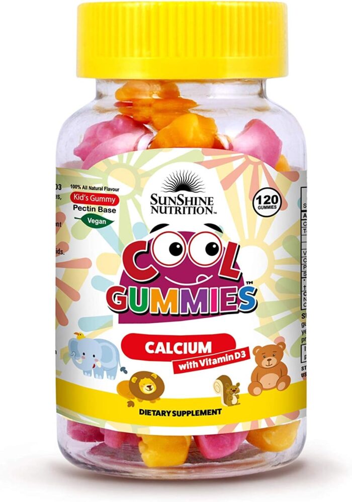 Sunshine Nutrition Cool Gummies Calcium With Vitamins D3 For Kids, 120 Gummies | For Strong Bones, Teeth & Muscles | 100% All Natural Flavor | Gluten Free