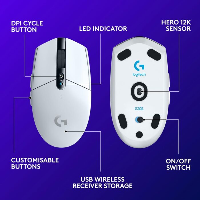 Logitech G305 Lightspeed Wireless Gaming Mouse, HERO Sensor, 12,000 DPI, Lightweight, 6 Programmable Buttons, 250h Battery Life, On-Board Memory, Compatible with PC / Mac - White - Image 6